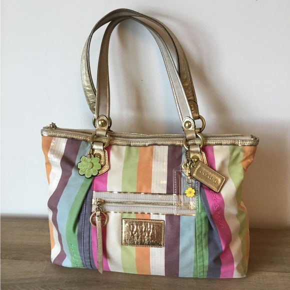 Coach Handbags - Coach Poppy Heritage Legacy, Multi-colored Striped Canvas Tote Bag w/Sequins